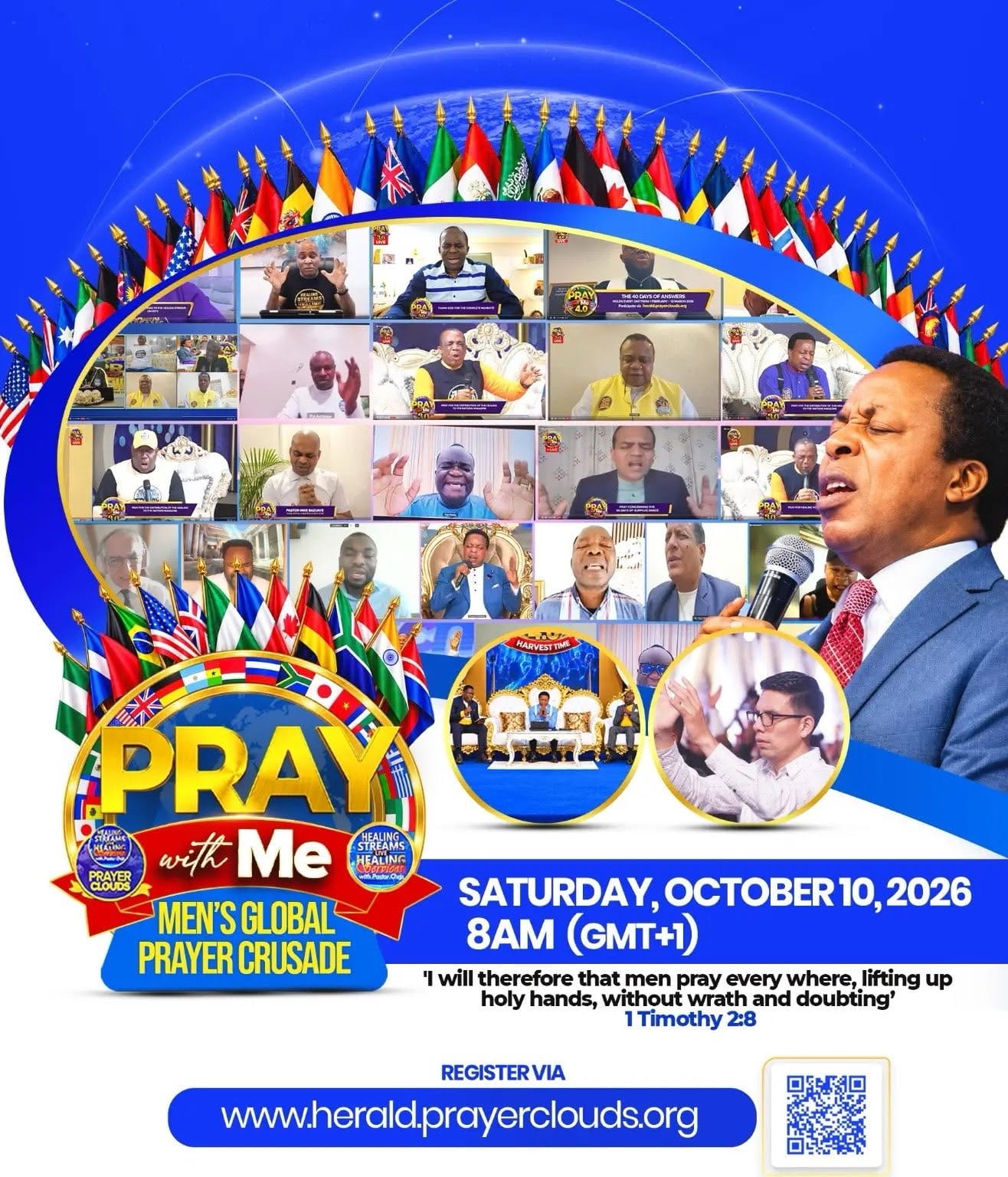 Men's Global Prayer Crusade graphic with worldwide prayer images, October 10 start time, registration website, and QR code